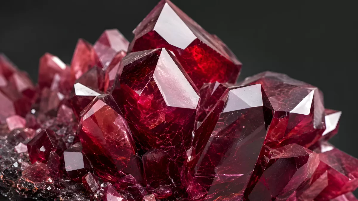 Dunkelrote Kristalle glänzen in natürlicher Clusterformation