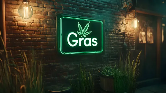 Dunkle Backsteinwand mit grünem Neon-Logo