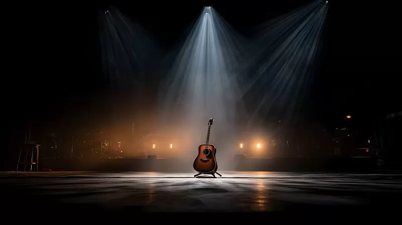 Dunkle Bühnenszene mit akustischer Gitarre im Scheinwerferlicht