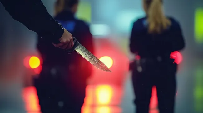 Dunkle Gasse mit bewaffnetem Täter und Polizeieinsatz