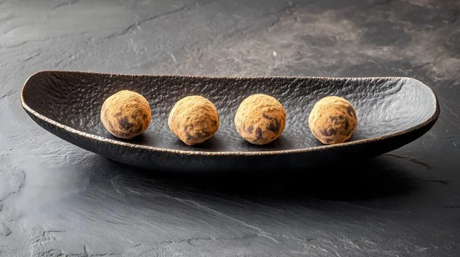 Dunkle Holzschale mit hausgemachten Schokoladentrüffeln