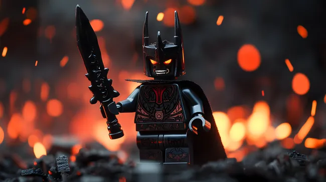 Dunkle Lego-Figur mit Schwert vor Flammenkulisse