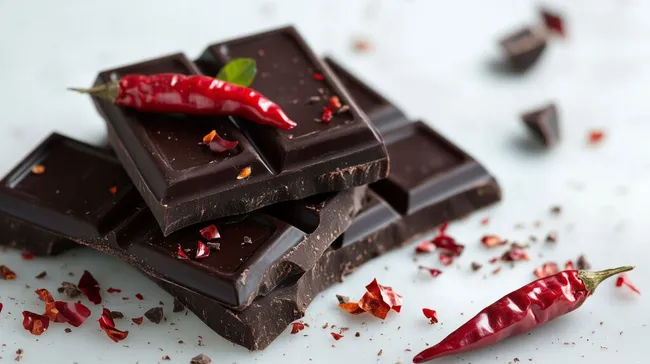 Dunkle Schokolade mit Chilischoten auf hellem Hintergrund