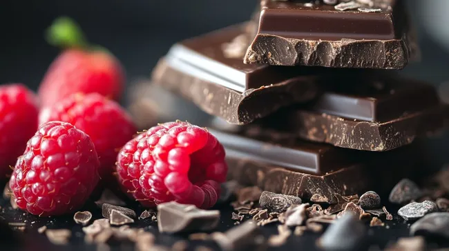 Dunkle Schokolade mit reifen Himbeeren