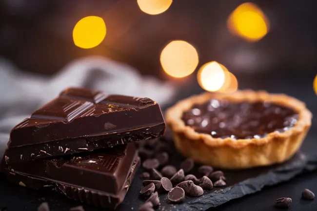 Dunkle Schokolade und Schokoladentarte mit Lichteffekten