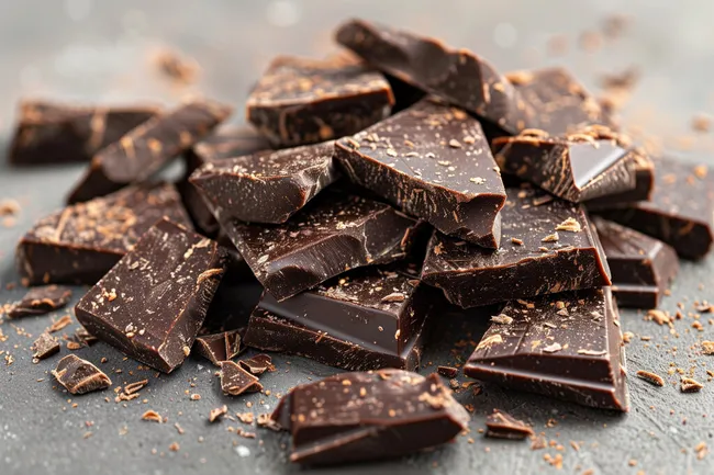 Dunkle Schokoladenstückchen auf grauem Hintergrund