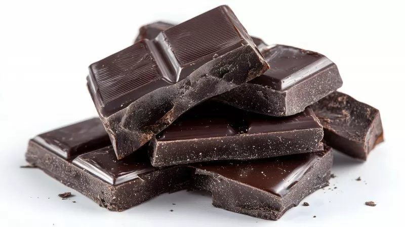 Dunkle Schokoladenstücke auf weißem Hintergrund im Stapel