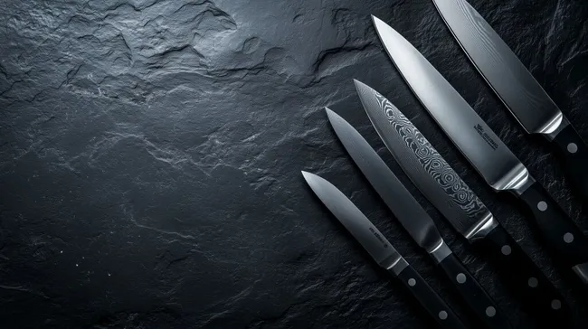 Dunkle, stilvolle Messerkollektion auf Schieferstein