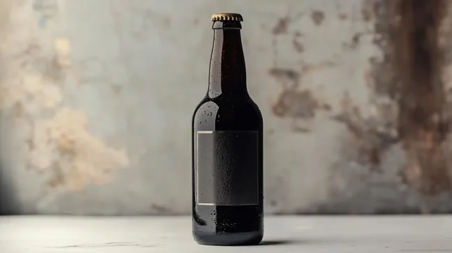 Dunkle Stoutflasche vor rustikalem Hintergrund