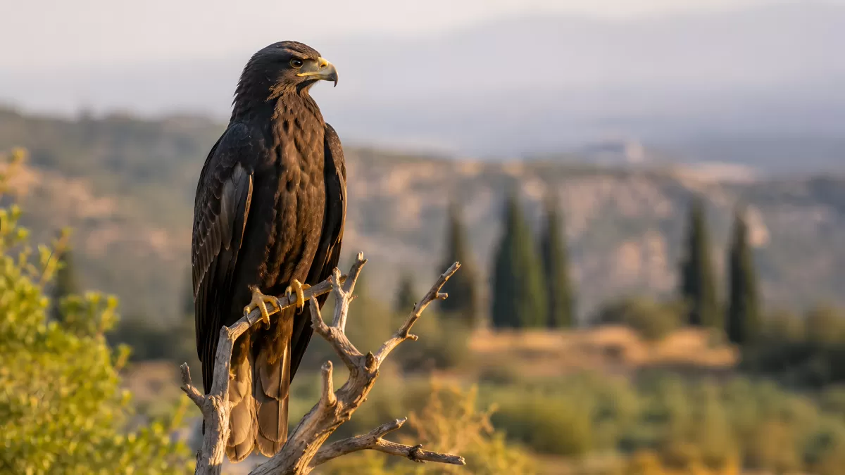 Dunkler Adler auf totem Ast vor Landschaft