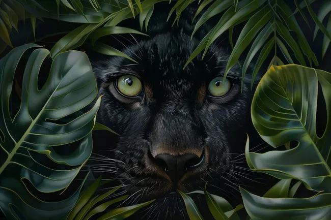 Dunkler Panther mit grünen Augen im tropischen Urwald