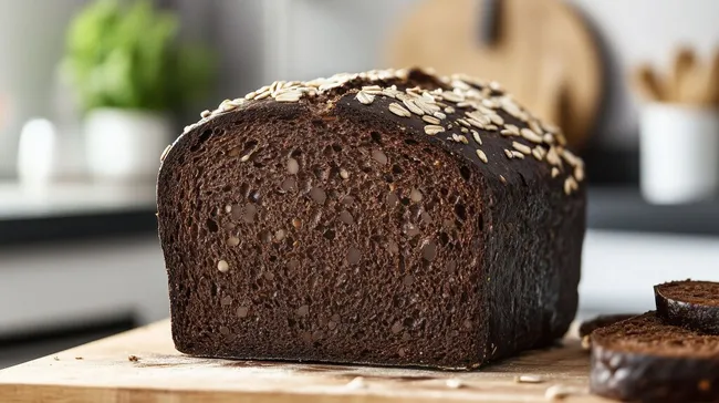 Dunkles, frisch gebackenes Roggenbrot mit Saatenbeschichtung