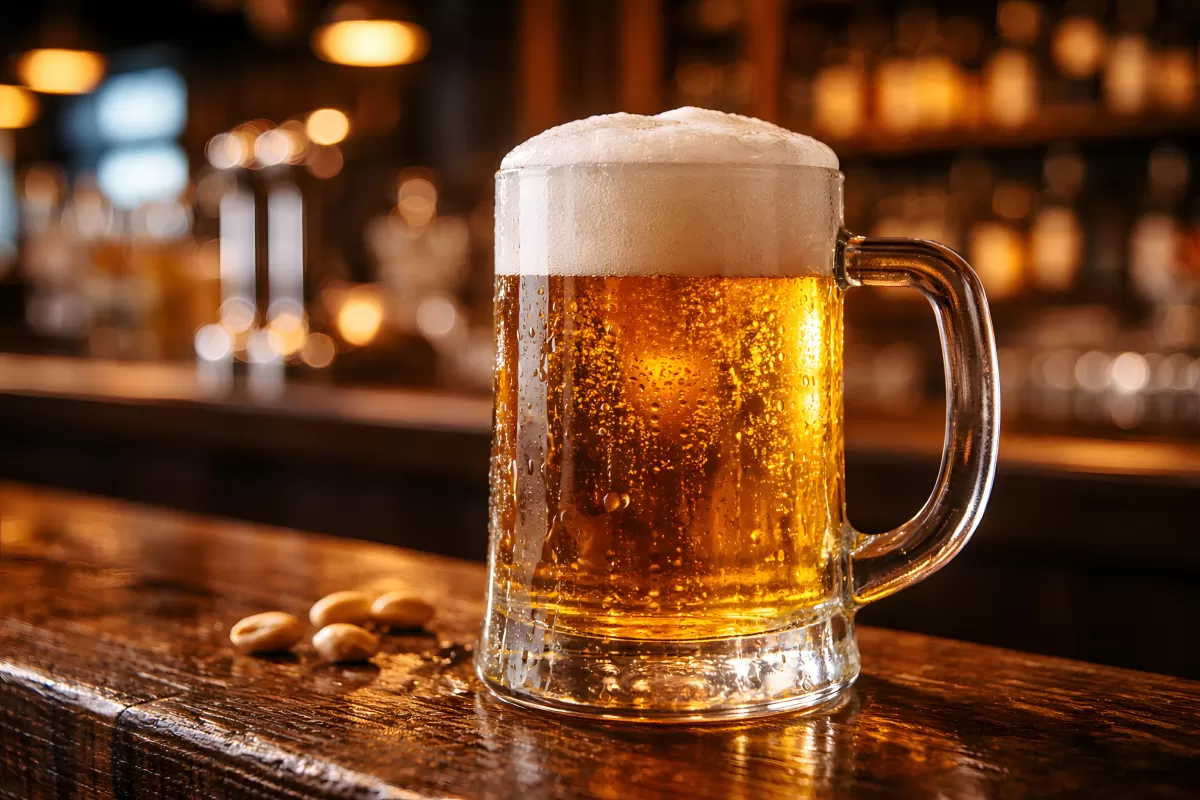 Dunkles, glasiges Bierglas mit cremiger Schaumkrone