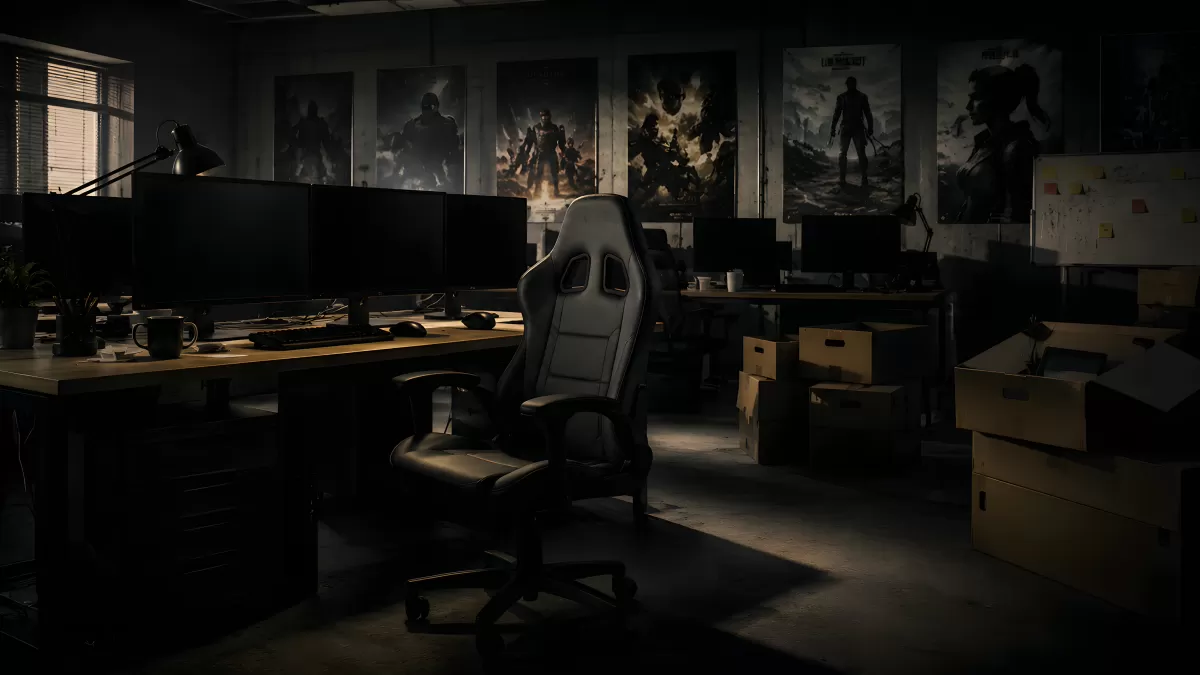 Dunkles Spieleentwickler-Büro mit Gaming-Stuhl