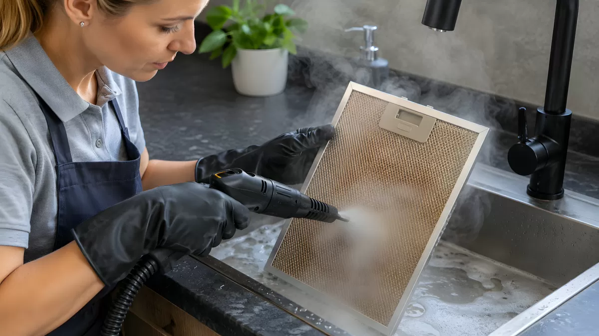 Dunstabzugshaube-Filter mit Dampfreiniger säubern