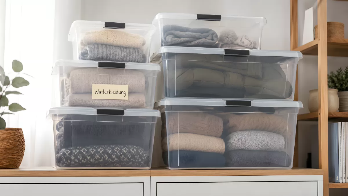 Durchsichtige Aufbewahrungsboxen mit Winterkleidung