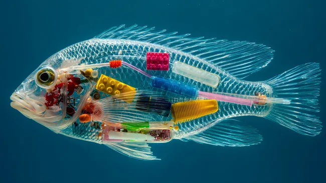 Durchsichtiger Ozean-Fisch mit Plastikabfall