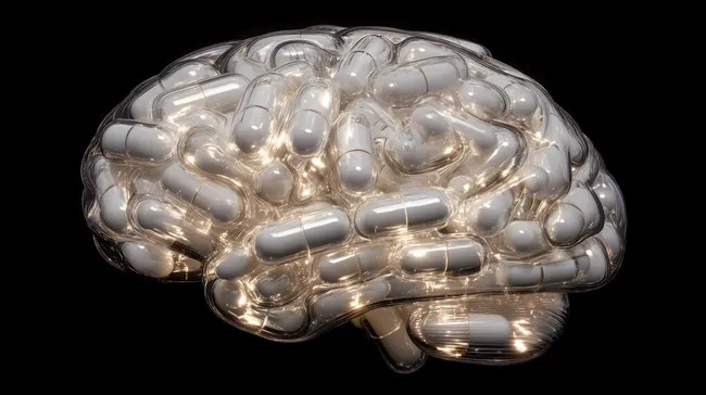 Durchsichtiges Gehirn mit leuchtenden Kapseln