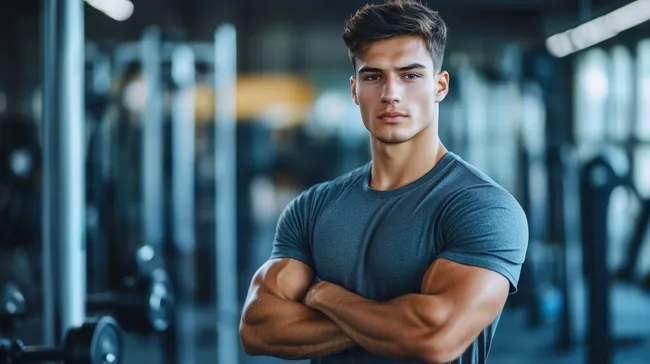 Durchtrainierter Fitnessstudio-Trainer posiert selbstbewusst