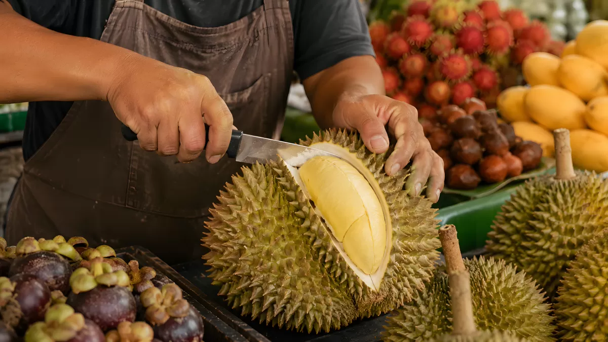 Durian aufschneiden auf einem Markt in Südostasien