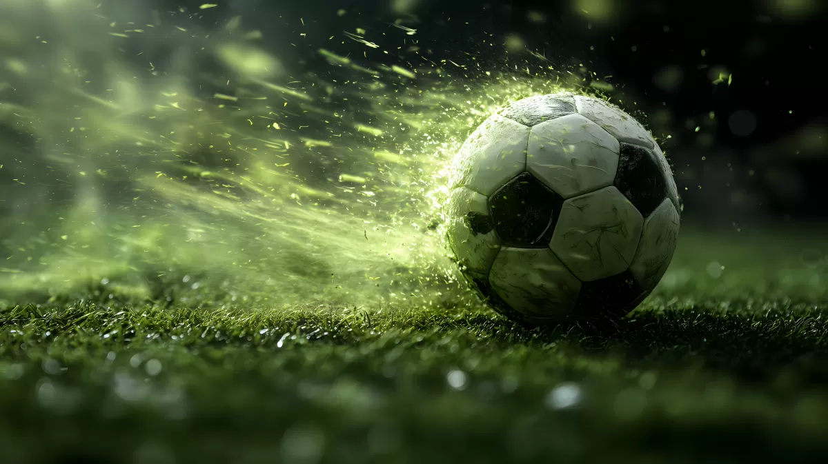 Dynamisch fliegender Fußball im Regen