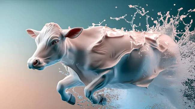 Dynamische 3D-Optik einer Milchkuh aus Flüssigkeitsspritzern