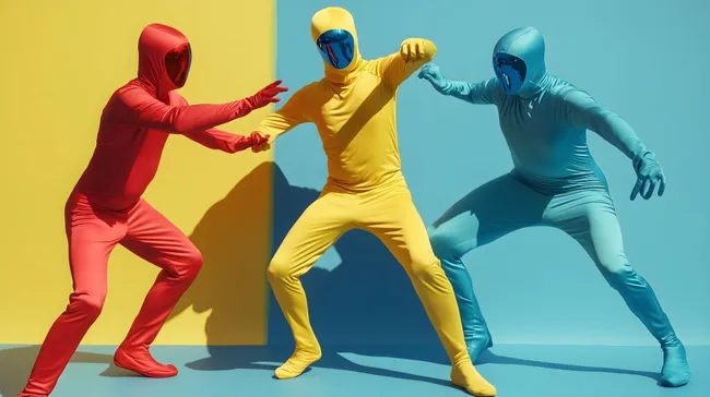 Dynamische Action-Poses in farbenfrohen Morphsuits