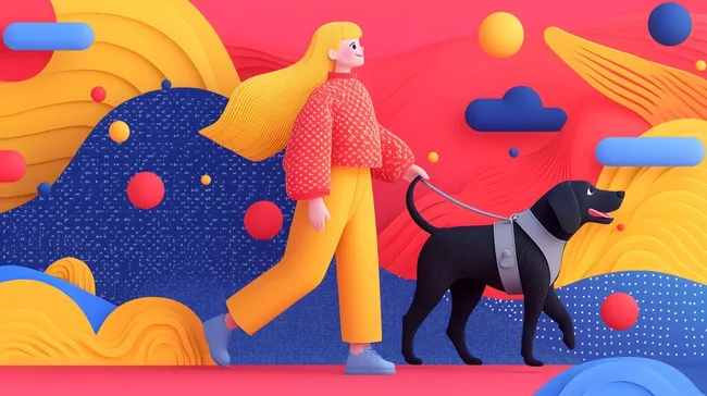 Dynamische Frau mit Hund in bunter Illustration