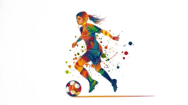 Dynamische Fußballspielerin in bunter Aktion