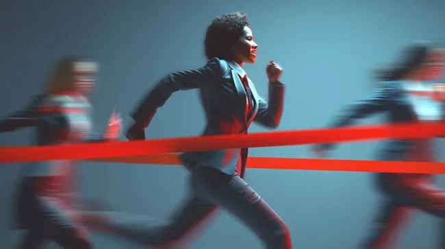 Dynamische Geschäftsfrau durchbricht Ziellinie