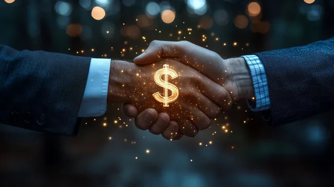 Dynamische Geschäftspartnerschaft durch Handschlag und Dollarzeichen