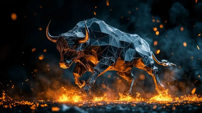 Dynamische polygonale Stier-Skulptur in Flammen