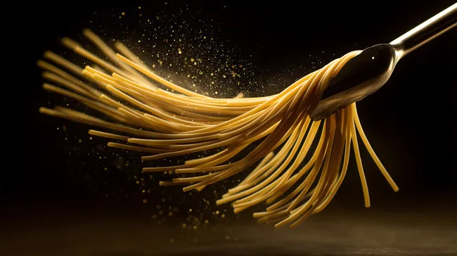 Dynamische Spaghetti-Bewegung mit goldenen Partikeln