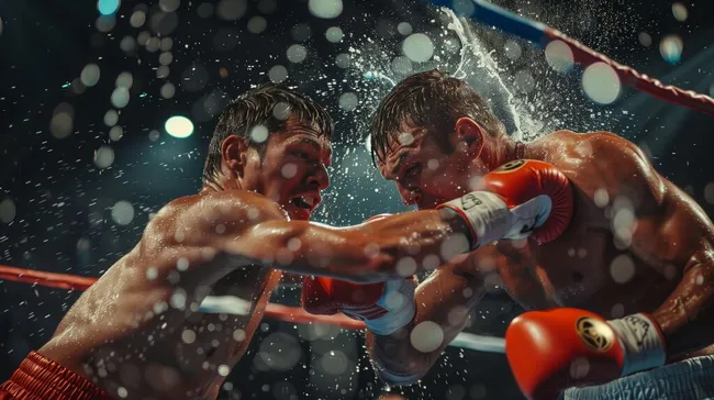 Dynamischer Boxkampf mit Wasserspuren im Ring