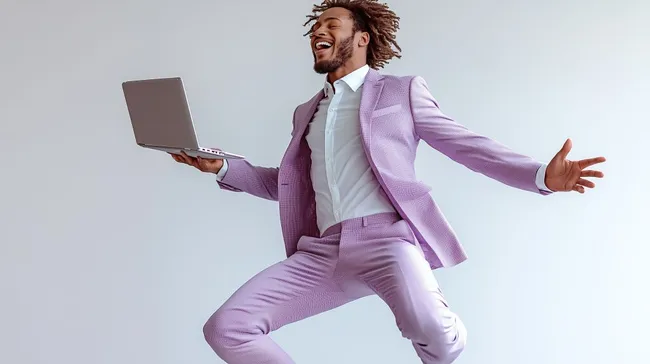 Dynamischer Geschäftsmann in lila Anzug mit Laptop