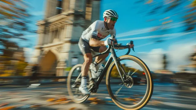 Dynamischer Radfahrer bei schneller Fahrt durch Pariser Straßen