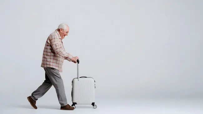 Dynamischer Rentner mit Koffer auf Reisen