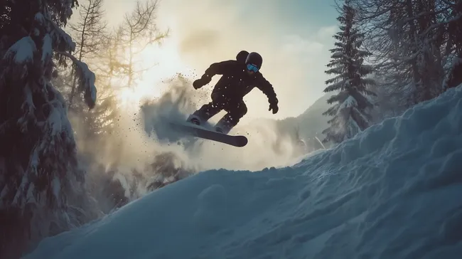 Dynamischer Snowboarder fliegt durch verschneite Berglandschaft