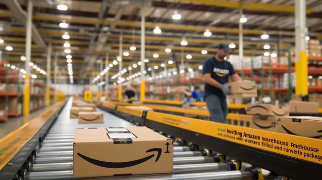 Dynamisches Amazon-Logistiklager mit Paketen und Arbeitern