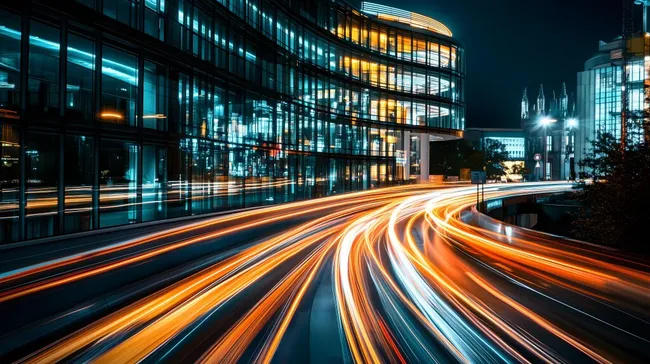 Dynamisches Nachtporträt einer modernen Stadtautobahn