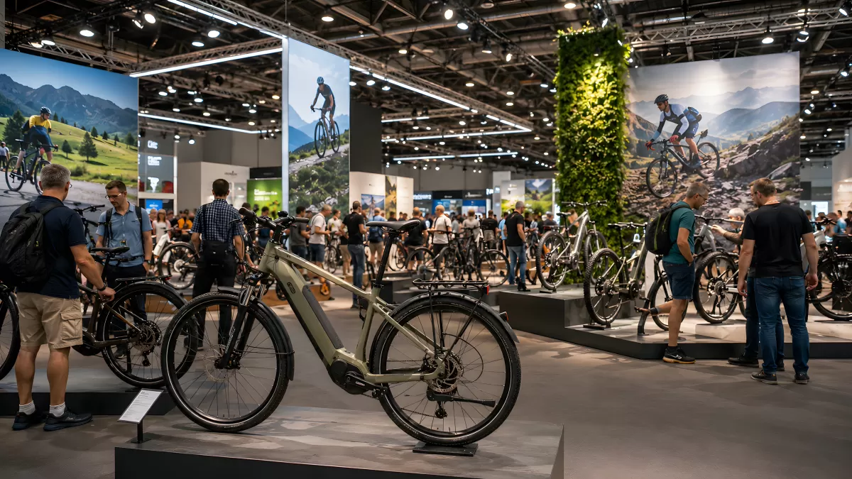 E-Bikes auf einer Fahrradmesse im modernen Messezentrum