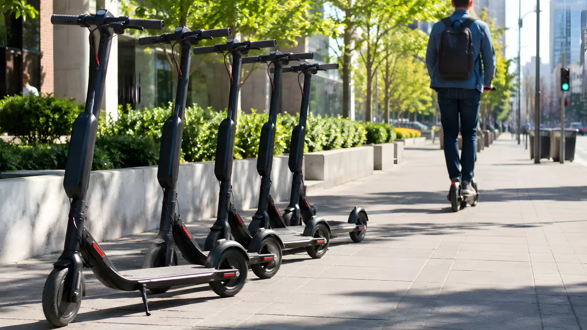 E-Scooter reihen sich auf Stadtbürgersteig auf