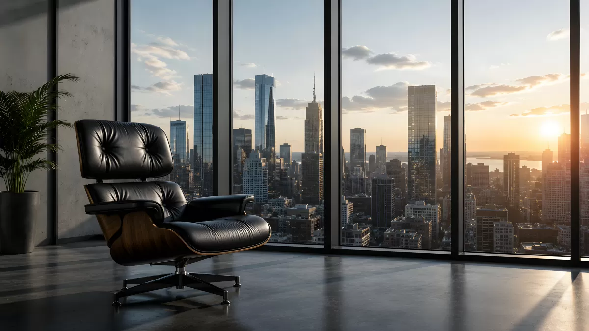 Eames Lounge Chair vor Hochhaus-Panorama bei Sonnenuntergang