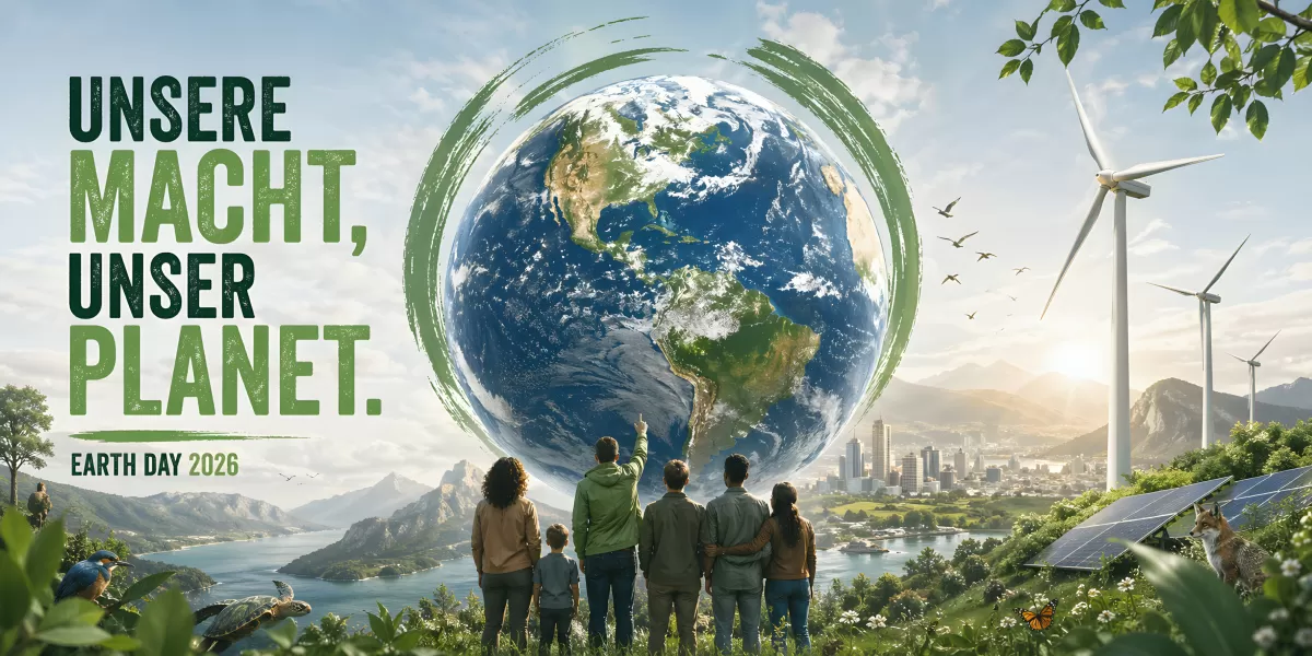 Earth Day 2026 Plakat mit Erdkugel und Familie