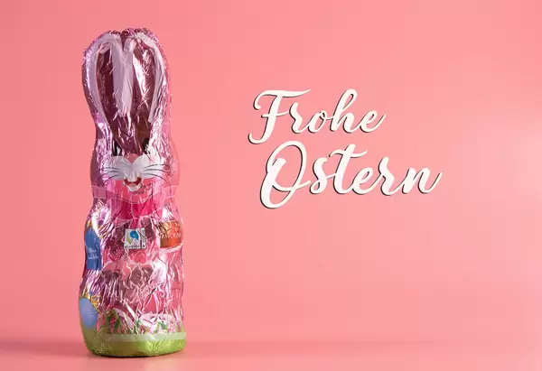 Easter chocolate bunny with Frohe Ostern text