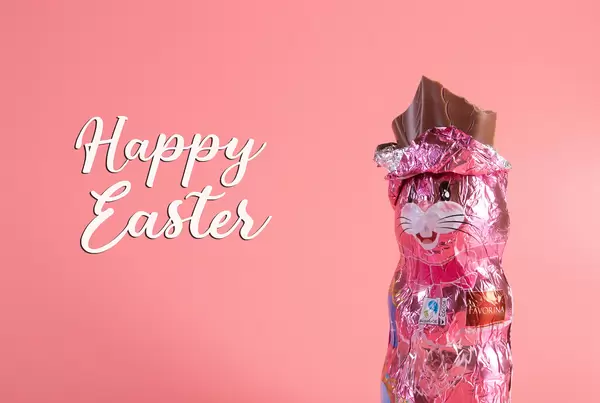 Easter chocolate bunny with Happy Easter text