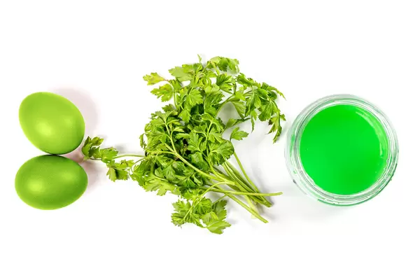 Easter eggs painted with natural egg dye from fresh green parsley