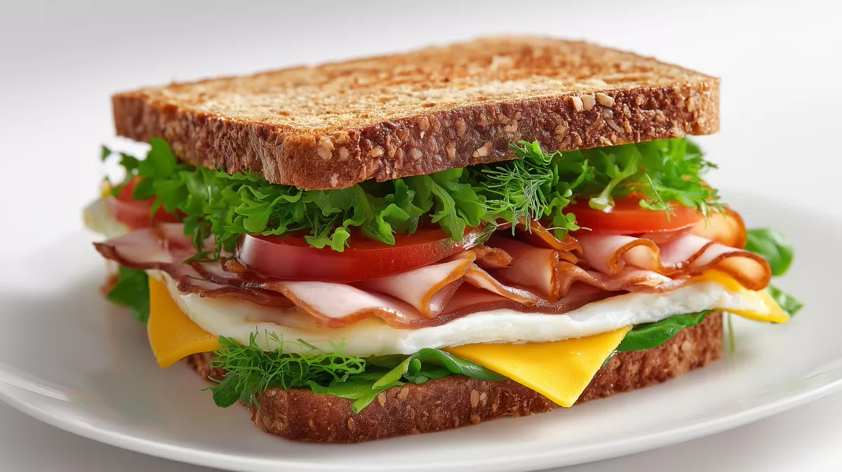 Ebly Sandwich mit Schinken, Ei und Tomate auf Vollkornbrot