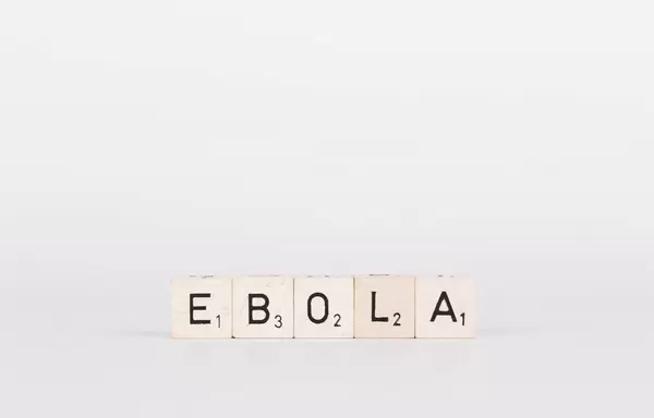 Ebola mit Holzsteinen geschrieben, vor weißem Hintergrund