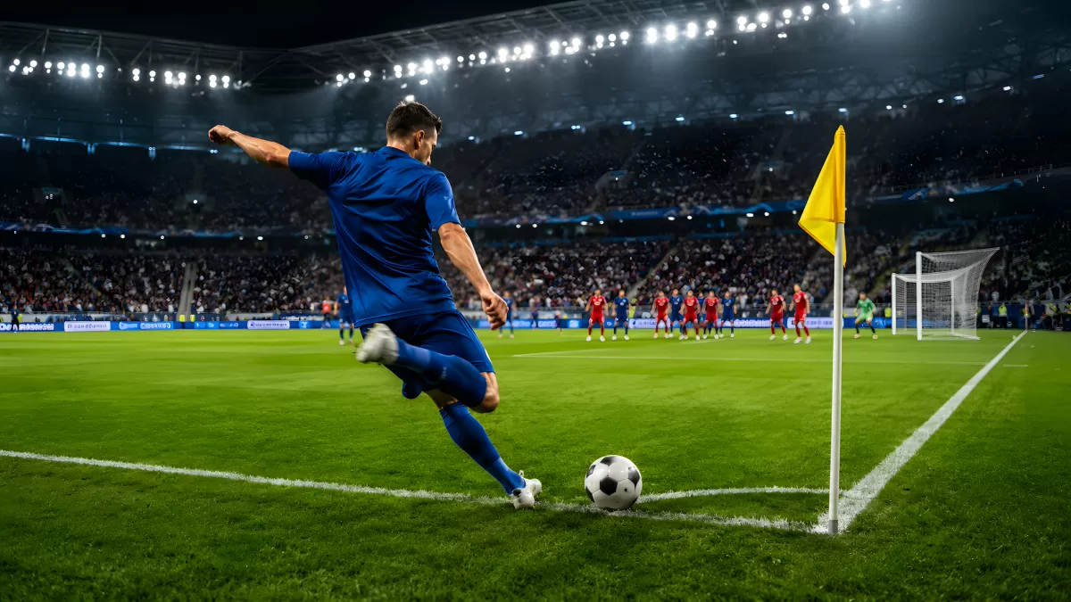 Eckstoß im Flutlicht eines vollen Fußballstadions